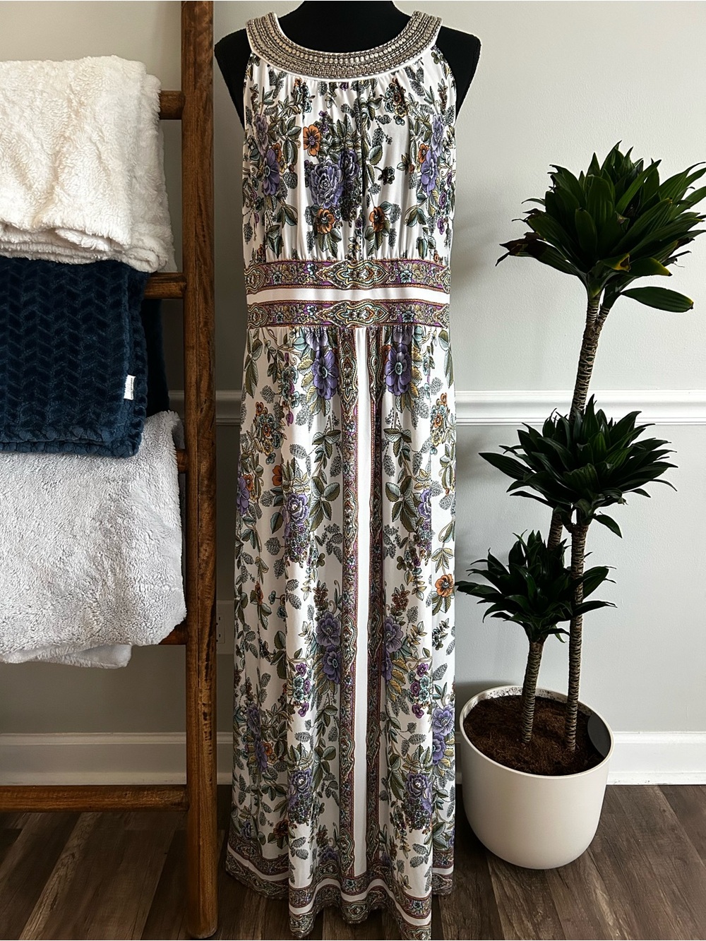Sandra Darren White Floral Beaded Maxi Dress with Purple/Green Print Size 16